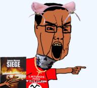 angry bloodshot_eyes book brown_skin cat_ear christianity clothes crying donald_trump james_mason latino nazism open_mouth pointing rosary siege siege_mask skull_mask swastika tshirt variant:chudjak // 1712x1548 // 1.9MB