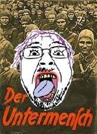 glasses hair lipstick makeup nazism open_mouth poster propaganda purple_hair soyjak stubble text tongue tranny trans troon untermensch variant:bernd white_skin yellow_teeth // 191x263 // 35.3KB