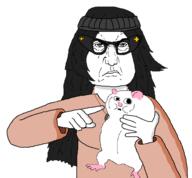 angry animal arm beanie blush closed_mouth clothes ear female frown glasses hair hand hat holding_object leg mouse necklace pointing punisher_face soyjak variant:soytan // 646x598 // 37.5KB