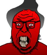 angry bloodshot_eyes cracked_teeth crooked_teeth glasses open_mouth red_skin seething soyjak steam stubble template variant:volcanojak vein // 677x799 // 29.4KB