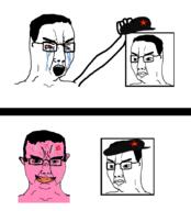 4soyjaks anger_mark angry arm bloodshot_eyes cap closed_mouth clothes comic communism ear glasses hair hammer_and_sickle hand hat holding_object mucus open_mouth pink_skin smile soyjak star subvariant:chudjak_front sweating variant:chudjak vein yellow_teeth // 1645x1810 // 289.9KB