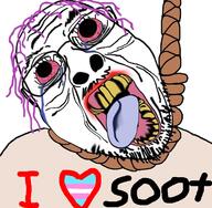 bloodshot_eyes crying deformed flag glasses hanging heart mustache open_mouth purple_hair soot soyjak soyjak_party stubble text tongue tranny variant:bernd // 726x711 // 500.4KB