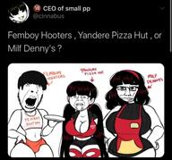 3soyjaks apron breasts clothes dennys femboy glasses hair hooters milf open_mouth pizza_hut smile soyjak stubble text variant:bernd variant:chudjak variant:cobson yandere // 640x595 // 285.6KB
