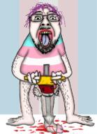 animated blood eyelashes full_body glasses hair hairy jackhammer mustache nsfw open_mouth penis purple_hair soyjak tongue tranny variant:bernd yellow_teeth // 576x800 // 1.3MB