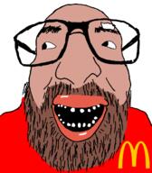 amerimutt beard brown_beard brown_skin clothes glasses looking_to_the_left mcdonalds open_mouth soyjak variant:israeli_soyjak // 584x666 // 24.3KB