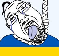 clothes crying dead flag glasses hair hanging hohol mustache oink open_mouth rope soyjak stubble suicide tongue ukraine variant:gapejak // 768x719 // 148.5KB