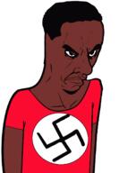 angry arm black_skin closed_mouth clothes hair morenazi nazism soyjak subvariant:chudjak_seething swastika tshirt variant:chudjak // 1240x1568 // 279.6KB