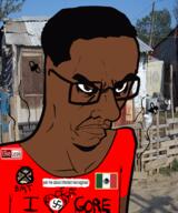 angry baby_monkey_torture brown_eyes brown_skin clothes glasses gore hair irl_background liveleak mexico nazism soyjak subvariant:chudjak_seething text trend:slopjak variant:chudjak // 456x547 // 292.0KB