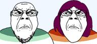 2soyjaks angry closed_mouth clothes dyke faggot flag:gay_pride_flag flag:lesbian_pride_flag gay gay_flag hair lesbian looking_at_each_other meta:requests pink_hair punisher_face subvariant:bridget tear variant:bernd white_skin // 2550x1175 // 75.1KB