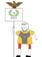 arm armor clothes empire flag full_body glasses hand holding_object leg roman rome shoe sign smile soyjak standard stubble subvariant:wholesome_soyjak text variant:gapejak // 1280x1731 // 602.1KB