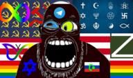 chud_(boorufag) chud_(soybooru) communism flag:lgbt_pride_flag glasses hammer_and_sickle heterochromia hinduism islam judaism lgbt meta:op_took_a_selfie_of_xerself nigger open_mouth pentagram russia shitskin sikhism slopjak star_of_david swastika symbol taoism teeth telegram variant:feraljak z_(russian_symbol) // 755x446 // 366.7KB