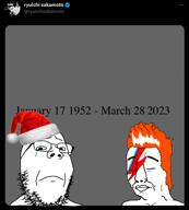 2soyjaks chud closed_mouth crying david_bowie face_paint frown glasses hair its_over japan orange_hair ruichi_sakamoto sad soyjak stubble text twitter variant:chudjak variant:gapejak video // 674x744, 28.2s // 4.1MB