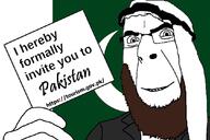 arab arm beard brown_hair clothes crescent crescent_and_star flag flag:pakistan glasses hair hand hat holding_object invite keffiyeh pakistan paper smile soyjak star_(symbol) text tourism variant:cobson // 1080x720 // 200.1KB