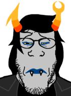 closed_mouth clothes eyelashes fangs frown glasses grey_skin hair homestuck horn lips lipstick makeup sad soyjak stubble tired troll_(homestuck) variant:markiplier_soyjak vriska_serket yellow_sclera // 599x817 // 33.0KB