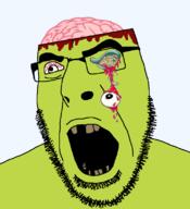 angry bad_teeth blood bloodshot_eyes brain brown_teeth eyes_popping glasses green_skin open_mouth soyjak stubble variant:cobson worms zombie // 721x789 // 83.4KB