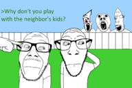 5soyjaks arm bloodshot_eyes closed_mouth clothes deformed_trio drawn_background ear fence full_body glasses hand mustache open_mouth pointing red_eyes retard slop_trio stubble subvariant:brunetto trio tshirt variant:bernd variant:dylanjak variant:parrotjak variant:punkjak variant:sloppy // 3000x2000 // 122.9KB