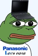 amphibian clothes computer frog green_skin irl laptop lips looking_at_you nas:pepe neutral panasonic panasonic_lets_note pepe_the_frog series:pepe_hat technology transparent_background tshirt // 1344x1973 // 379.1KB