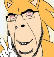 animal ear fleetway_super_sonic glasses glowing hand hedgehog red_eyes sega smile sonic sonic_the_hedgehog soyjak stubble variant:cobson video_game yellow // 676x707 // 129.5KB