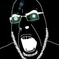 black_skin glasses glowing glowing_eyes green_eyes inver open_mouth soyjak stubble thougher variant:cobson // 721x720 // 59.5KB