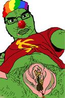 angry anus closed_mouth clothes clown communism frog glasses green_skin hair hairy hammer_and_sickle neovagina pepe poop soyjak subvariant:chudjak_front tattoo tranny tshirt variant:chudjak // 680x1020 // 116.0KB