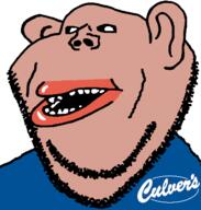 amerimutt blue_shirt brown_skin clothes culvers ear hair lips mutt open_mouth soyjak stubble subvariant:impish_amerimutt teeth variant:impish_soyak_ears // 598x628 // 40.5KB