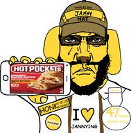award badge beard clothes dog hand hat holding_phone hot_pocket janny phone punisher_face serious subvariant:science_lover subvariant:science_lover_phone suspenders variant:markiplier_soyjak yellow_skin // 908x924 // 187.0KB