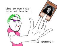 card debate female feminism furuta_junko green_hair holding_object smug variant:smugjak yugioh // 1500x1200 // 275.1KB