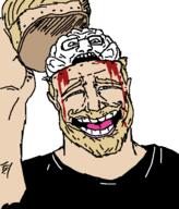 beard bleed blond blood blue_eyes brain chad clothes glasses hand holding_object jujutsu_kaisen laughing looking_at_you open_mouth parody smile traced variant:markiplier_soyjak // 540x631 // 65.6KB