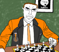 arm artist:spanish_chud badge board_game bobby_fischer book brown_hair chess chessboard closed_mouth clothes coal_skin dan glasses hand looking_at_you onion open_mouth painting picture serious sitting soybooru soyjak stubble subvariant:chudjak_front subvariant:pol_face suit suit_and_tie table traced variant:chudjak variant:cobson variant:feraljak variant:impish_soyak_ears variant:lennonjak variant:soyak variant:vlodson wall white_skin // 871x768 // 138.6KB