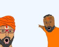 2soyjaks beard black_eyes brown_skin glasses open_mouth orange_shirt soyjak transparent_background turban variant:two_pointing_soyjaks wojakland // 1024x822 // 354.1KB