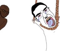 2soyjaks angry anhero arm black_skin bloodshot_eyes blush chud closed_mouth crying glasses hand hanging open_mouth pointing rope smile smirk smug soyjak stubble tongue variant:chudjak variant:soyak variant:two_pointing_soyjaks // 1062x900 // 286.8KB