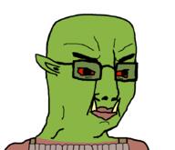 angry armor closed_mouth ear fangs glasses green_skin ork pointy_ears red_eyes soyjak tusk variant:chudjak warhammer // 897x770 // 33.2KB