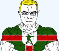 archer arm blue_eyes british buff closed_mouth clothes ear england flag flag:nottinghamshire full_body glasses hair nottinghamshire soyjak subvariant:chudjak_front subvariant:muscular_chud trend:aryan tshirt united_kingdom variant:chudjak vein yellow_hair // 1059x929 // 64.8KB