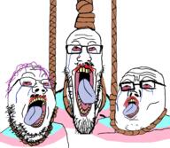 3soyjaks anhero bloodshot_eyes crying glasses hair hanging mustache open_mouth purple_hair rope soyjak stretched_mouth stubble suicide suicide_pact tongue tranny trend:soyjak_trio trаnnу variant:gapejak variant:markiplier_soyjak variant:tony_soprano_soyjak // 2048x1777 // 1.7MB
