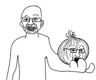 2soyjaks arm ear glasses hand holding_object onion open_mouth smile soyjak stubble variant:soyak variant:unknown // 703x587 // 49.8KB