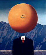 ball clothes face incomprehensible_woahjack mountain necktie painting rené_magritte smile soyjak suit surreal variant:impish_soyak_ears // 1125x1359 // 259.1KB