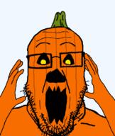 black_sclera glasses halloween hand hands_up jack_o_lantern orange_skin pumpkin stem stubble subvariant:ppplier triangle_eyes variant:markiplier_soyjak variant:ppp yellow_eyes // 673x800 // 57.8KB