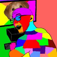 computer dog glasses open_mouth smile soyjak stubble trend:colorjak variant:zoomer_on_computer // 696x701 // 121.8KB