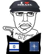 arm book cap clothes flag glasses hand hat holding_book holding_object i_love israel nato pen soyjak subvariant:pol_face variant:chudjak // 547x605 // 179.4KB