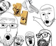 arm beard glasses gold hand multiple_soyjaks mustache open_mouth pointing silver soyjak stubble variant:a24_slowburn_soyjak variant:christmanjak variant:israeli_soyjak2 variant:its_out_get_in_here variant:two_pointing_soyjaks // 650x527 // 133.3KB