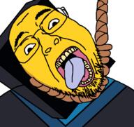 clothes glasses hanging master_frown noose open_mouth rope soyjak stubble unikitty variant:bernd yellow_skin // 764x721 // 252.4KB