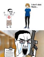angry animated arm ashbie aspie bloodshot_eyes cargo_shorts clenched_teeth clothes crying female firearm full_body glasses gun hair hand holding_gun holding_object holding_rifle incel jump leg manifesto mass_shooter nazism open_mouth paper pol_(4chan) rifle shooting shorts soyjak swastika text tshirt variant:chudjak weapon // 705x920 // 1.9MB