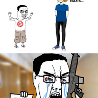 angry animated arm ashbie aspie bloodshot_eyes cargo_shorts clenched_teeth clothes crying female firearm full_body glasses gun hair hand holding_gun holding_object holding_rifle incel jump leg manifesto mass_shooter nazism open_mouth paper pol_(4chan) rifle shooting shorts soyjak swastika text tshirt variant:chudjak weapon // 705x920 // 1.9MB