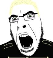 clothes eyeliner gerard_way glasses goth green_eyes hair my_chemical_romance open_mouth soyjak stubble variant:cobson yellow_hair // 721x789 // 29.2KB