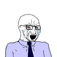 angry bloodshot_eyes clothes crying glasses necktie open_mouth soyjak stubble variant:soyak wagie // 554x554 // 93.1KB
