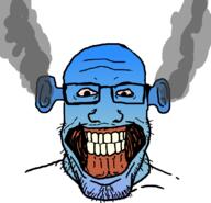 analog_horror bloodshot_eyes blue_skin calm ear fume glasses mandible nage ogre_ears soyjak stubble subvariant:nageplier variant:markiplier_soyjak // 834x802 // 171.5KB