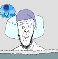 2soyjaks bed blanket blue_skin calm closed_eyes closed_mouth clothes dream hat irl_background nightcap sky sleeping smile soyjak speech_bubble stephen_colbert stubble thought_bubble variant:cobbert // 708x711 // 80.1KB
