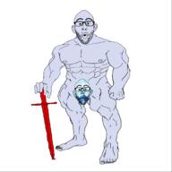 2soyjaks arm buff censored ear full_body gem gem_skin glasses hand holding_object holding_sword leg nipple open_mouth soyjak stubble sword variant:nojak weapon // 1727x1727 // 265.7KB