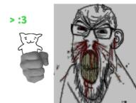 :3 angry animal blood bloodshot_eyes cat clenched_teeth closed_mouth ear fist greentext holding_object nosebleed soyjak stubble subvariant:feralrage text variant:feraljak vein yellow_teeth // 1042x785 // 319.8KB