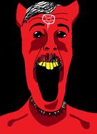 buck_teeth demon facial_mark forehead_mark hair horn mark_of_the_beast mustache open_mouth paint pentagram pentagram_forehead_mark red_skin satanism soyjak stubble variant:beastjak yellow_teeth // 878x1200 // 52.4KB